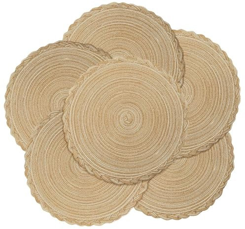 fanquare Tovagliette Rotonde, Set di 6 Tovaglietta Intrecciate Resistenti al Calore per Tavolo da Cucina, Diametro 38 cm, Colore Khaki, Lavabili e Riutilizzabili