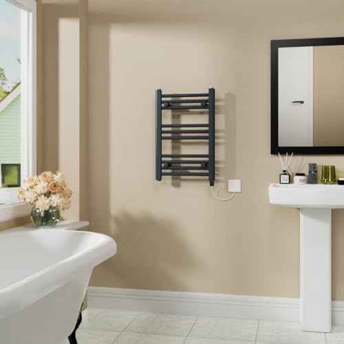 Warmehaus 200W Electric Heated Towel Rail Radiator Anthracite - 600x400mm | Prefilled, Mild Steel, Wall Mounted Bathroom Towel Warmer, Electric Small Towel Rails