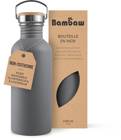 Bambaw Gourde Metal 1l, Bouteille d’Eau Grise, Gourde Inox 1l Non-Isotherme, Bouteille Inox 1l sans BPA, Gourde Sport 1 Litre – Gris Anthracite