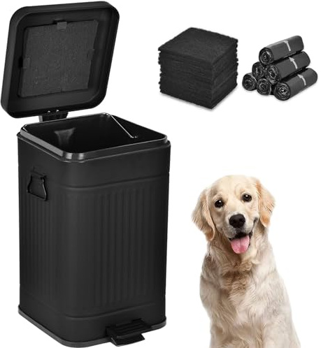 Umtiti UP12L-BK-F+90BK Hundekot-Mülleimer mit Deckel für draußen, 10 l Mülleimer mit Aktivkohlefilter und Plastiktüten, Haustierabfallbehälter, 10 l