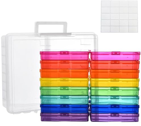 ALINK Fotoaufbewahrungsbox mit 16 innere Fotohalter, Groß 17 × 12 cm Fotoetui, Durchsichtige Fotoboxen zur Aufbewahrung von Postkarten, Fotos, Handwerk, Aufkleber,1 Blatt Etikettensticker