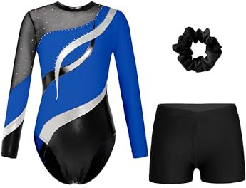 iiniim Mädchen Turnanzug Langarm Gymnastikanzug mit Shorts Haarband Glitzer Gymnastik Leotard Langarm Ballettanzug Wettbewerb Tanzkostüm Royal Blau&Schwarz 170-176