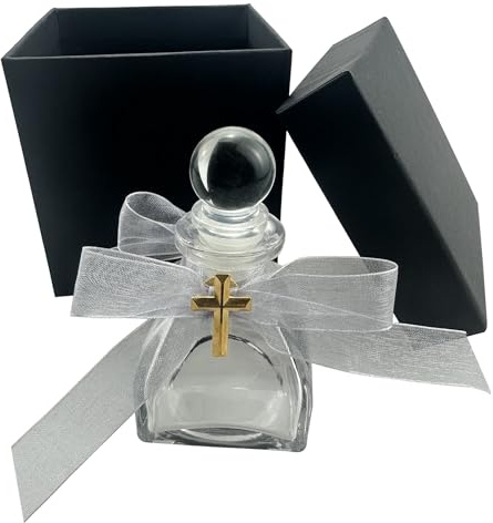 lulucross 50ml Glass Holy Water Bottle, St. Joseph Oil Bottle with Cross and White Ribbon, Christian Easter Baptism Catholic Blessing First Communion Gift for Catholic Believers