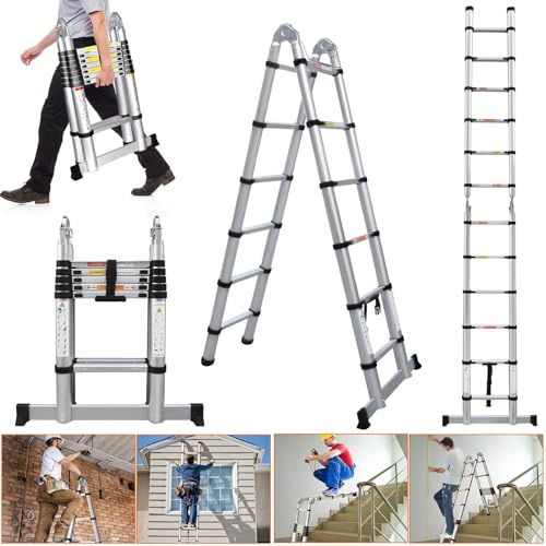 3.8M/12.5FT Multi-Purpose Folding Telescopic A Frame Step Ladder with Stabiliser, Aluminium Extension Extendable Ladder Telescopic Loft Ladder, Portable Foldable Roof Ladder, 6+6 Steps, Max Load 150kg