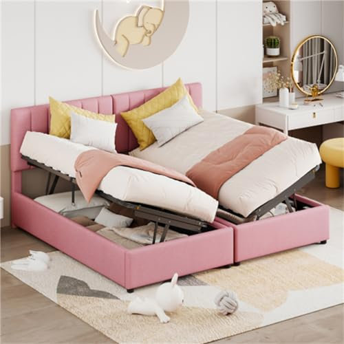 Hydraulisches Stauraumbett, Gepolstertes Leinenbett Mit Verstellbarem Kopfteil, Multifunktionales Doppelbett, Lässt Sich In Zwei Einzelbetten Umwandeln, Pink, Jungen Und Mädchen(Size:180x200cm)