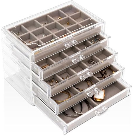 Sasha Morel Jewellery Box - Clear Acrylic Women's Jewellery Organiser - 5 Drawers, Velvet Earring Holder, Organiser Box for Accessories - Stackable, Stylish & Sturdy Design - Gift for Mum - Grey