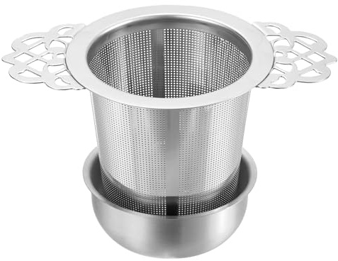 sourcing map 1 Pcs Tea Infuser Filter with Handle, Drip Bowl, Fine Mesh Loose Tea Steeper, Stainless Steel Tea Strainer for Brew Loose Leaf Tea, Silver