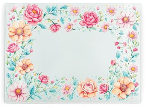 Grande protection de plan de travail rectangulaire en verre avec bordure florale multicolore - Planche à découper lisse avec pieds antidérapants - 39 cm x 28,5 cm
