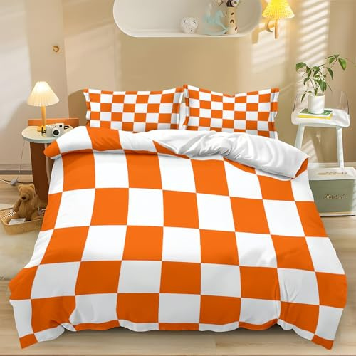 Housse De Couette 140 cm x 200 cm Rayures Simples À Carreaux Orange Blanc, Douce Housses De Couettes et 2 Taies d'oreiller avec Fermeture Éclair, imprimé Motif Parures De Lit Lavable Machine