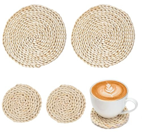 Zasvec Platzset aus Wasserhyazinthe 4 Stück Rund Tischsets Nicht Abwaschbar aus Wasserhyazinthe Geflochten Tischset Runde Platzdeckchen Tischuntersetzer für Hochzeit, Küche, 2 Größe, 13CM/30CM