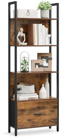 VASAGLE Bücherregal mit 5 Ebenen, Eckregal mit Schublade, Leiterregal, Industrial-Design, mit Stahlrahmen, für Wohnzimmer, Home Office, Schlafzimmer, 24 x 60 x 165 cm, vintagebraun-schwarz LLS147B01