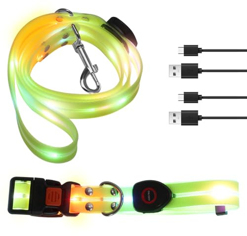 BAODBF Hundehalsband Leuchtend Aufladbar,Wasserdicht LED Leuchthalsband Hund,1.2m LED Hundeleine mit Gepolstertem Griff,Beleuchtete Hundeleine für Kleine und Große,LED Halsband für Hunde(Grün)