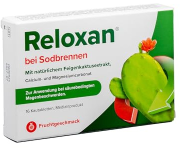 Reloxan bei Sodbrennen mit natürlichem Feigenkaktusextrakt, neutralisiert schnell überschüssige Magensäure, pflanzlicher Schutzfilm für die Speiseröhre, mit Fruchtgeschmack, 16 Kautabletten