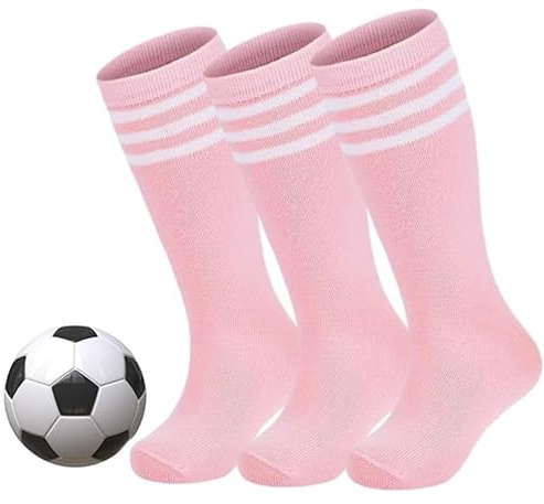 Zando Kids Football Socks, Unisex Kids Sports Socks, Boys Girls Stripes Stockings, 3 Pairs Cotton Sports Socks Age 4-14 Years, Pink 3, 6-9 Years
