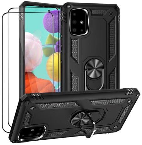 LEVIOSA Kompatibel mit Samsung Galaxy A51 Hülle mit 2 Schutzfolie, Panzerhülle mit 360° Metall Ring Ständer, Stoßfeste Handyhülle aus TPU & PC, Kameraschutz, Magnetische Halterung für Galaxy A51