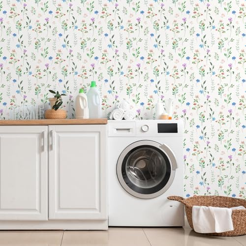 VaryFloral Selbstklebende Tapete Aquarell Tapete Blumen 30.5cmx300cm Klebefolie Möbel Bunte Blume Möbelfolie Weiß Wasserdicht Abnehmbar Tapeten Verdickt Klebefolien für Möbel Arbeitsplatte Küche