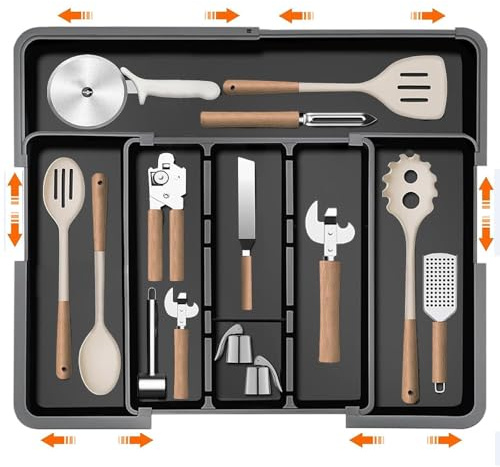 Glowjoy Erweiterbarer Besteckkasten für Schubladen, Besteckkasten für Schubladen, Verstellbarer Schubladeneinsatz Besteckeinsatz, Schubladen Organizer Küche, für Löffel/Gabeln/Messer (Schwarz 2)
