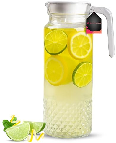 OMAGO, Caraffa in vetro per acqua, 1 litro, ideale per limonata, brocca d'acqua con coperchio chiuso, per acqua, vino, tè freddo e succhi di frutta