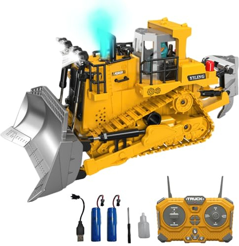 3T6B Juguete de Bulldozer teledirigido, 1:24 aleaciones, vehículo de construcción con funciones de luz, sonido y spray, vehículos de construcción de 2,4 GHz para niños y niñas de 3 a 12 años, 2 pilas