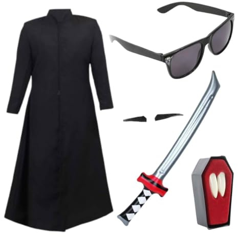 Vampyr jägare kostymset för vuxna – X-Large svart dammjacka, uppblåsbart samurajsvärd, tänder, spinv mustasch och solglasögon – gotisk nattslayer maskeradklänning