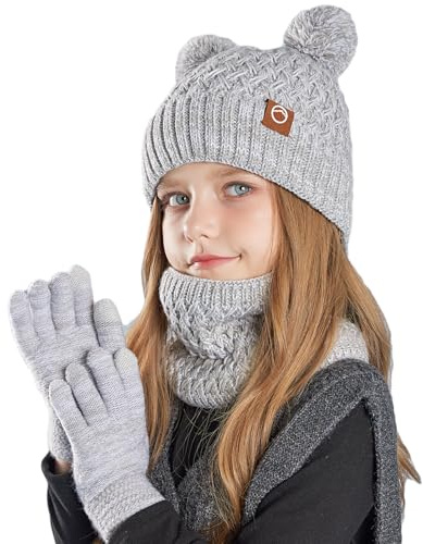 MAZELIKEHOOD 3 st vinterhalsduk för flickor hatt set tjocka varma mjuka stickade accessoarer set för pojkar för barn 4–10 år, Grå, en storlek