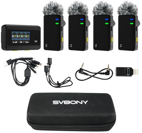SVBONY SVMic D4 Wireless Lavalier Microphone with 4 Transmitters, DSP Noise Podcast Microphone, 75 dB 48kHz/24bit Recording, 200m for Multi-Person Interviews, Live Streams, Video Blogs