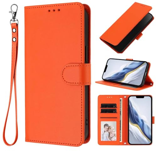 HAOFUGUI Funda Cartera para Moto G22 4G / E32S / E22S 4G, Cubierta de Cuero PU Carcasa, TPU Protección Antigolpes Funda, con Ranuras para Tarjetas Bolsillo y Correa de Muñeca-Naranja