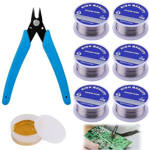 6 PCS Solder Wire Leaded Solder 0.8mm Soldering Wire with 1 Diagonal Pliers and 1 Box of Rosin for Electronic Component Welding(20g), Electrical Solder for Electronic Components Repair, DIY Projects
