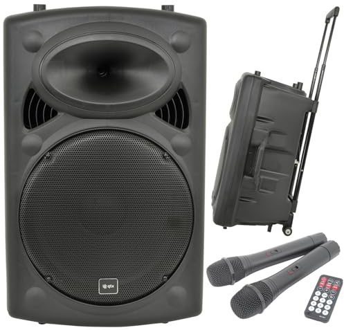 QTX | QR12PA Portable PA Speaker System with Bluetooth, TWS Stereo, Dual UHF Wireless Microphones, USB/SD/FM Media Player, Rechargeable Battery, Trolley, Compact Wireless Amplifier