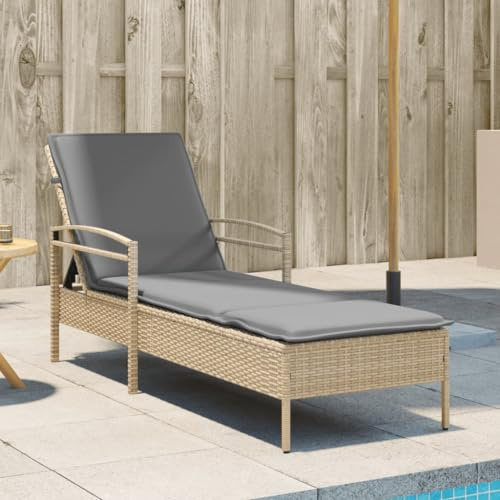 Frdhee Gartenstuhl Hochlehner Kippliege,Sonnenliege mit Auflage Beige 63x200x81 cm Poly Rattan,Sonnenbank für Balkon,Strand,Terrasse und Camping