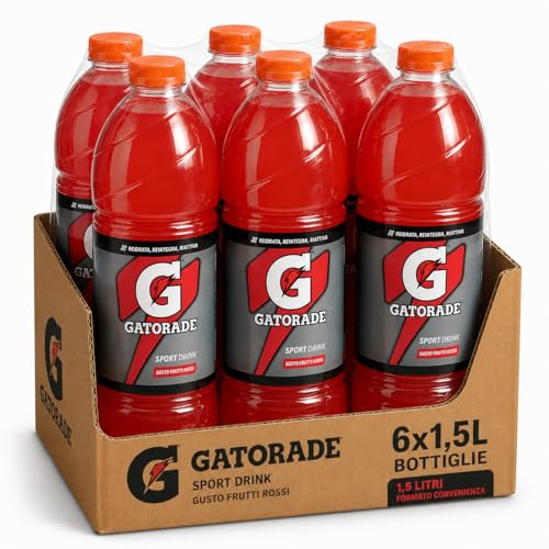 Per Gatorade 1,5 Litri x 6 Bottiglie Bevanda Isotonica con Sali Minerali per Sport e Idratazione Gusti Arancia, Arancia Rossa e Limone Drink Sportivo per Allenamento, Corsa e Palestra (Arancia Rossa)