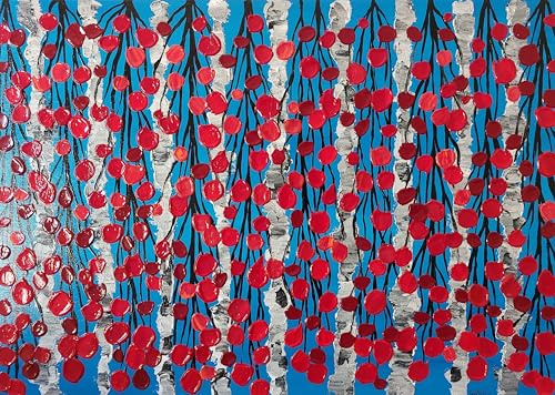 DORON ARTE QUADRO MODERNO ASTRATTO DIPINTO A MANO TELAIO GALLERY BORDI DIPINTI - PAESAGGIO ALBERI IN FIORE FONDO AZZURRO- 50x70x4 cm -RIF123