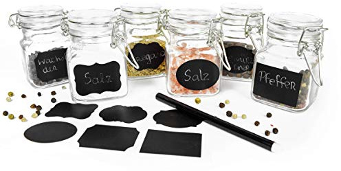 Sendez 12 Vorratsgläser mit Tafelfeld 100ml Einmachgläser inkl. Kreide & Aufkleber, Gewürzgläser für Marmelade & Kräuter, 5,2 x 7,5 cm