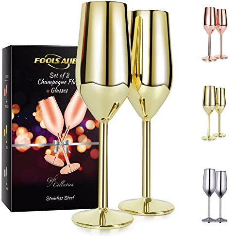 FOOLS ALIBAI 2 Pack Stainless Steel Champagne Glasses, 8oz Elegant Stainless Steel Champagne Flutes, Stemmed Unbreakable Champagne Glasses for Party Wedding Christmas Anniversary, Gold