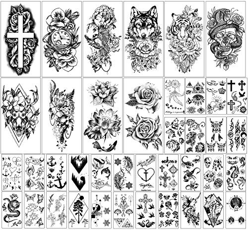 Kaieteur 40 Blatt Blumen und Tierkollektion Wasserdichte temporäre Tattoos Dauerhafte gefälschte Tattoos für Frauen und Mädchen Deer