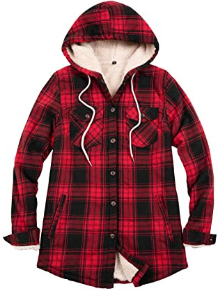 ZENTHACE Veste en flanelle à carreaux doublée Sherpa pour femme – Veste chemise à capuche boutonnée – Veste chaude (doublure Sherpa)