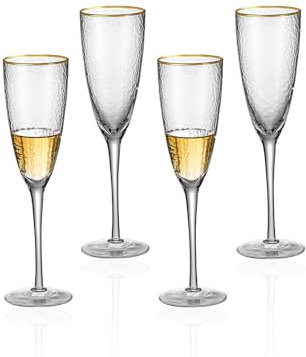 EVEREST GLOBAL Gold Rim Hammered Champagne Glasses set of 4, 8.0 oz Vintage Champagne Flutes for Weddings Parties