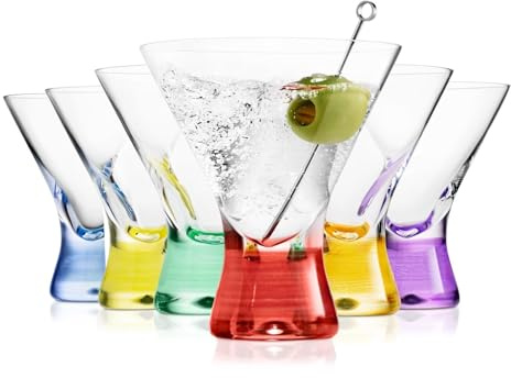BENETI European Made Colored Martini Glasses Set of 6 Stemless Cocktail Glasses - 8 Oz, Dishwasher Safe, Crystal Glass Cups for Partys