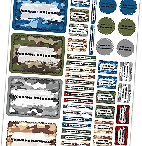 50 x Namensaufkleber mit Wunschname personalisiert Aufkleber Set mit Kinder Name Beschriftung Schule Kindergarten Kleidung Sticker wasserfest (03 Camouflage boys)