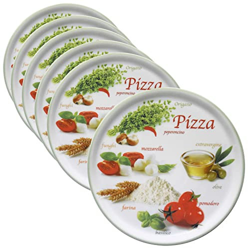 MamboCat Lot de 6 assiettes à pizza Napoli Green I Ø 33,8 cm – Grande taille I 6 personnes I Assiettes avec motifs et inscriptions I Décorées I Pour pizzas ou présentation I Porcelaine
