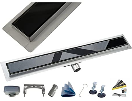 AQUA HEATING Duschrinne Glas Edelstahl superflach Komplettset 90 cm schwarz | Linearer Bodenablauf mit Siphon, bodengleiche Dusche, Ablaufgarnitur-Set, Duschablauf Badezimmer