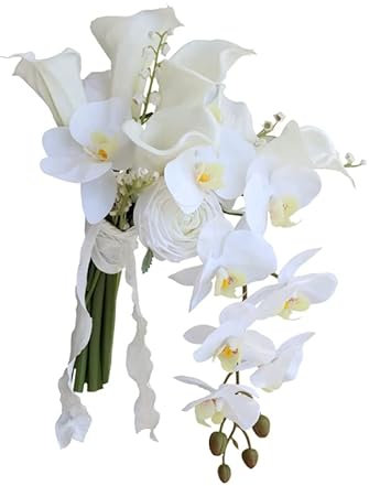 HXSCOO Weißer eleganter Rosen-Motten-Orchideen-Wasserfal-Hochzeits-Blumenstrauß Calla-Lilien-Mitteltisch