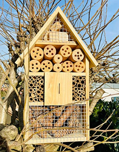 DARLUX Holz Umweltfreundliches Insektenhotel M Wildbienen-Nisthilfe 49x24x8 cm (HxBxT) Insektenhaus, Wetterfest, Naturbelassen, 3kg schwer, Schmetterlinge Marienkäfer,