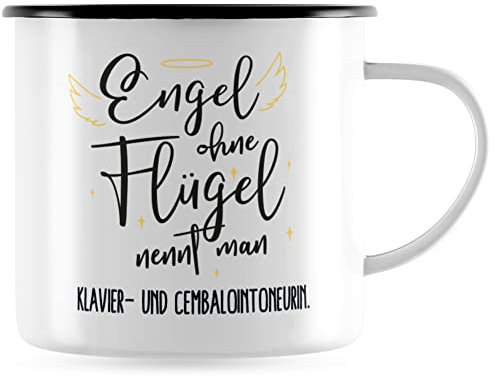 JUNIWORDS Emaille-Tasse, Engel ohne Flügel nennt man Klavier- und Cembalointoneurin, Schwarzer Tassenrand (5169899)