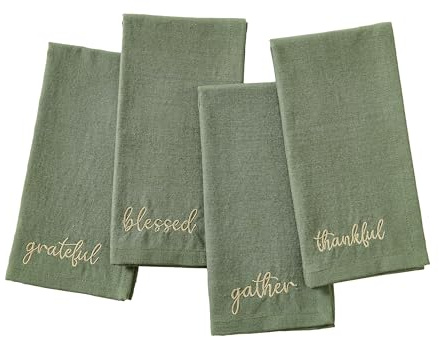 Elrene Home Fashions Harvest Fall Sentiment bestickte Servietten, 4 Stück, 43,2 x 43,2 cm, Grün