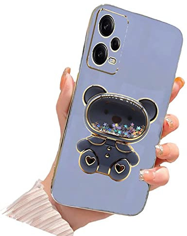 Tivenfezk Nadoli für Xiaomi Redmi Note 12 5G Treibsand Bär Ständer Hülle,Karikatur Glitzer Überzug Galvanisierte Make-up Ständer Weiche Silikon Kratzfest Handyhülle Schutzhülle