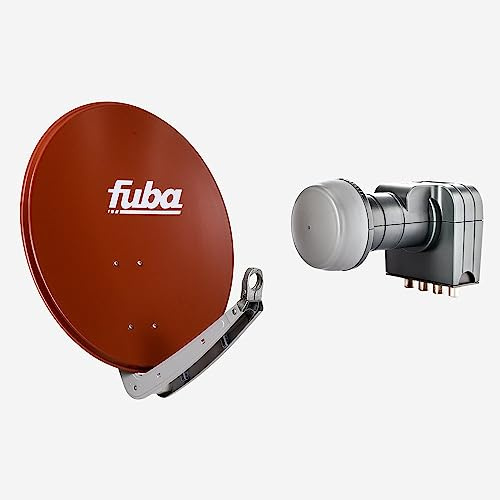 Fuba Sat Anlage 4 Teilnehmer | Satellitenschüssel Komplettset - DAA 650 R Sat-Schüssel 60x65cm Alu rot + Fuba DEK 417 Quad LNB 4 Teilnehmer (DVB-S2, HDTV, UHD 4K/8K, 3D) mit LTE-Störfilter