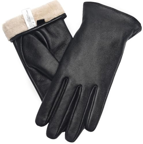 Ymmchy Touchscreen Handschuhe für Damen Warme Lederhandschuhe Gefüttert Winter SMS-Handschuhe Schwarz L