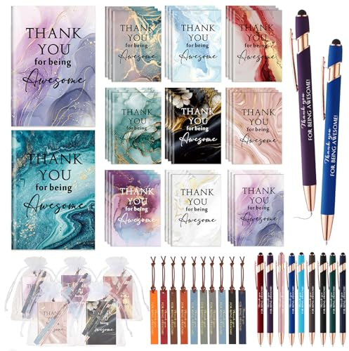 Qilery 50 Set Employee Appreciation Gift Bulk Mini Notebook Ballpoint Pen Leather Bookmark Drawstring Pocket Thank You Gift for Teacher Staff Assistant Coworker Social Worker