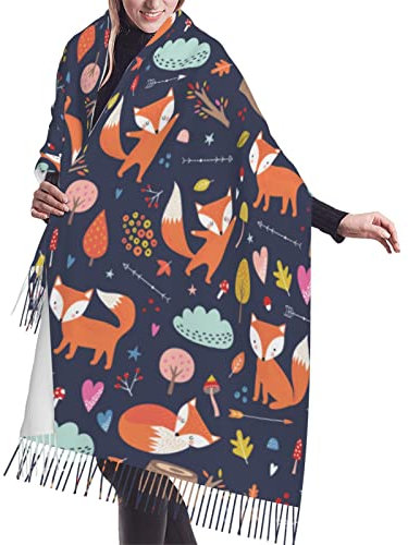ReesEt Damen-Schal mit Cartoon-Fuchs-Muster, großer Schal mit weichem Kaschmirgefühl, leichte Stola, 196 x 68 cm